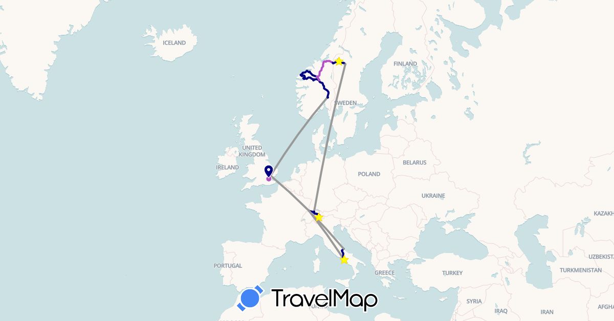 TravelMap itinerary: driving, plane, train in Switzerland, France, United Kingdom, Italy, Norway, Sweden (Europe)
